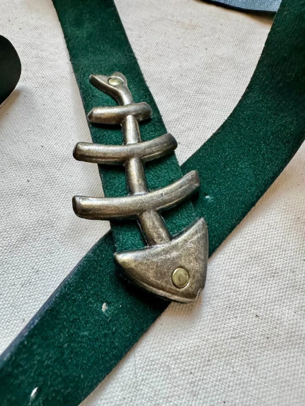 Vintage Handmade Green Leather Suede Belt with Fishbone Buckle